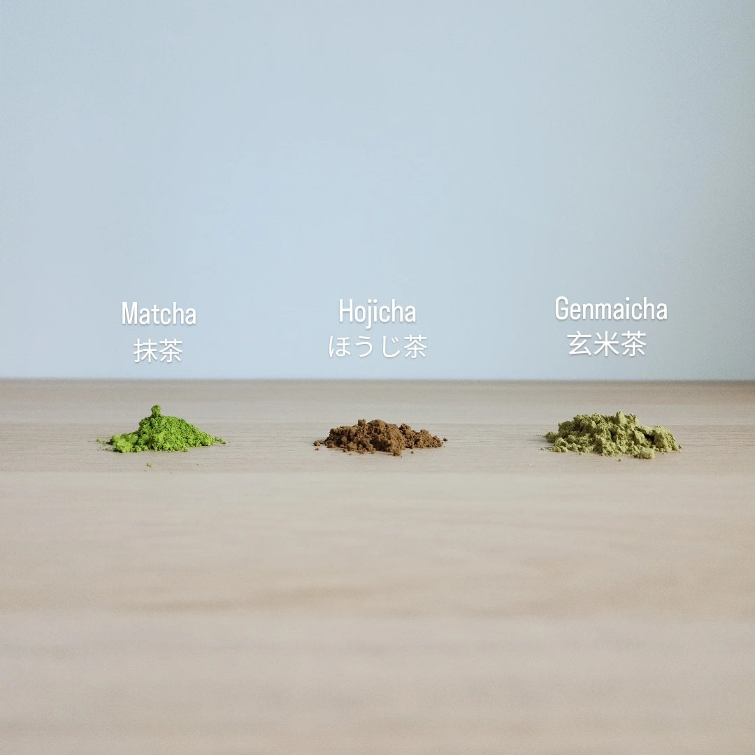 Tea Powder textures of Trio premium grade Hojicha, Genmaicha and Matcha Japanese green tea powder