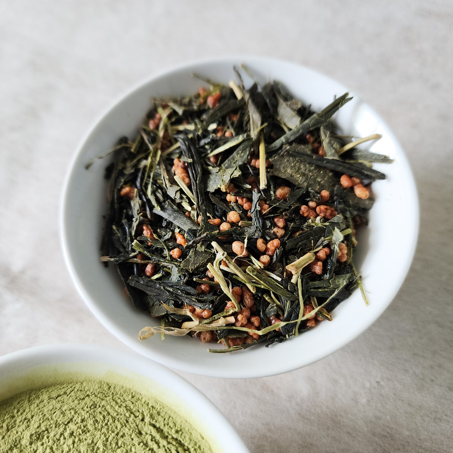 Japanese Genmaicha Midori green tea blended with roasted rice for a smooth, mellow, and nutty taste