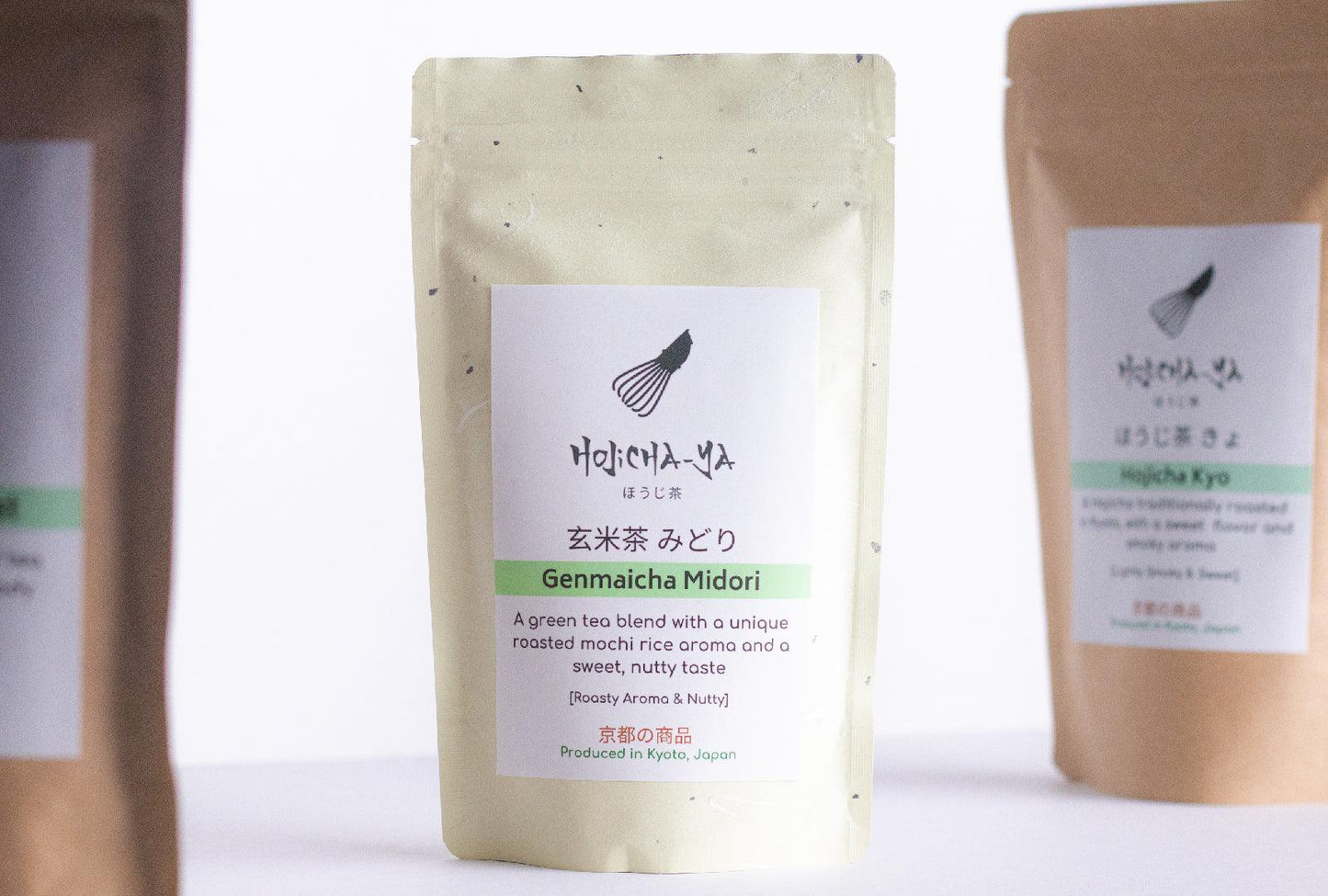 Premium Genmaicha tea in eco-friendly packaging of Japanese green tea with roasted rice for a nutty and soothing flavor