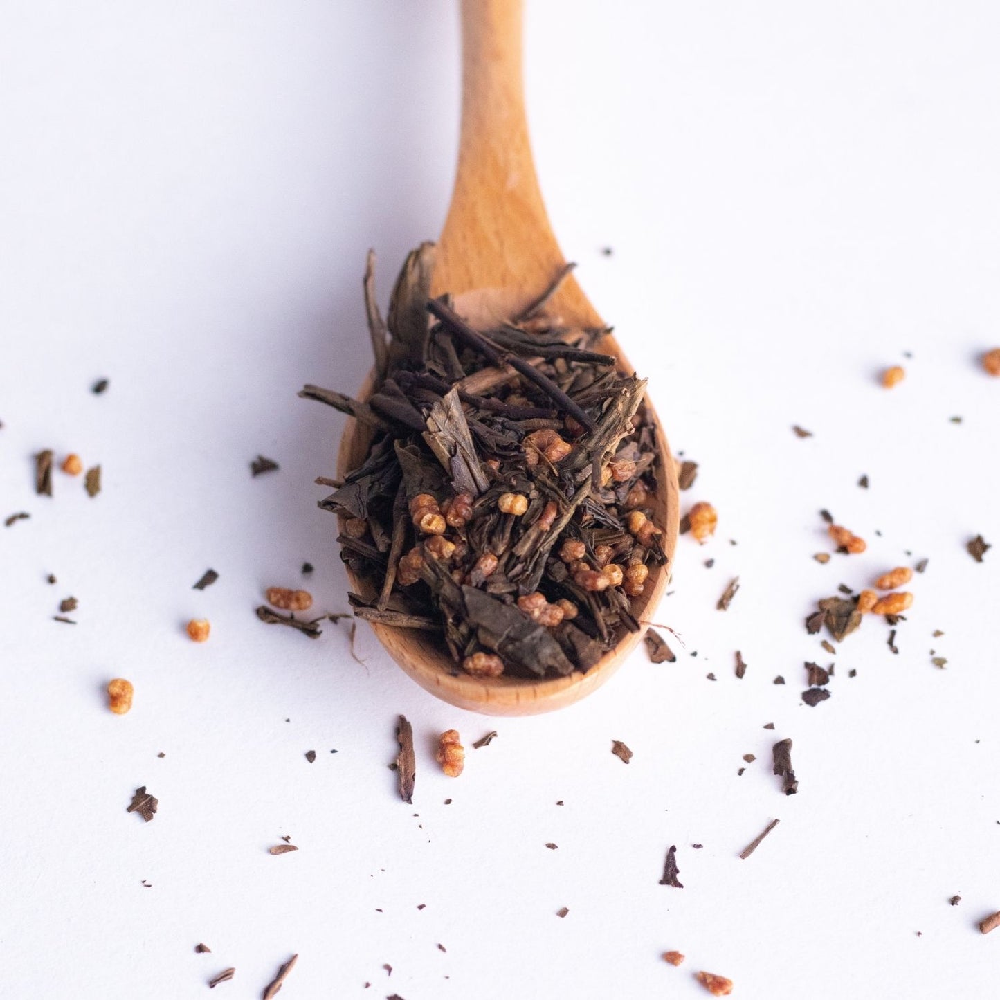 Premium Genmaicha tea of Japanese green tea mixed with roasted rice, offering a warm, nutty taste