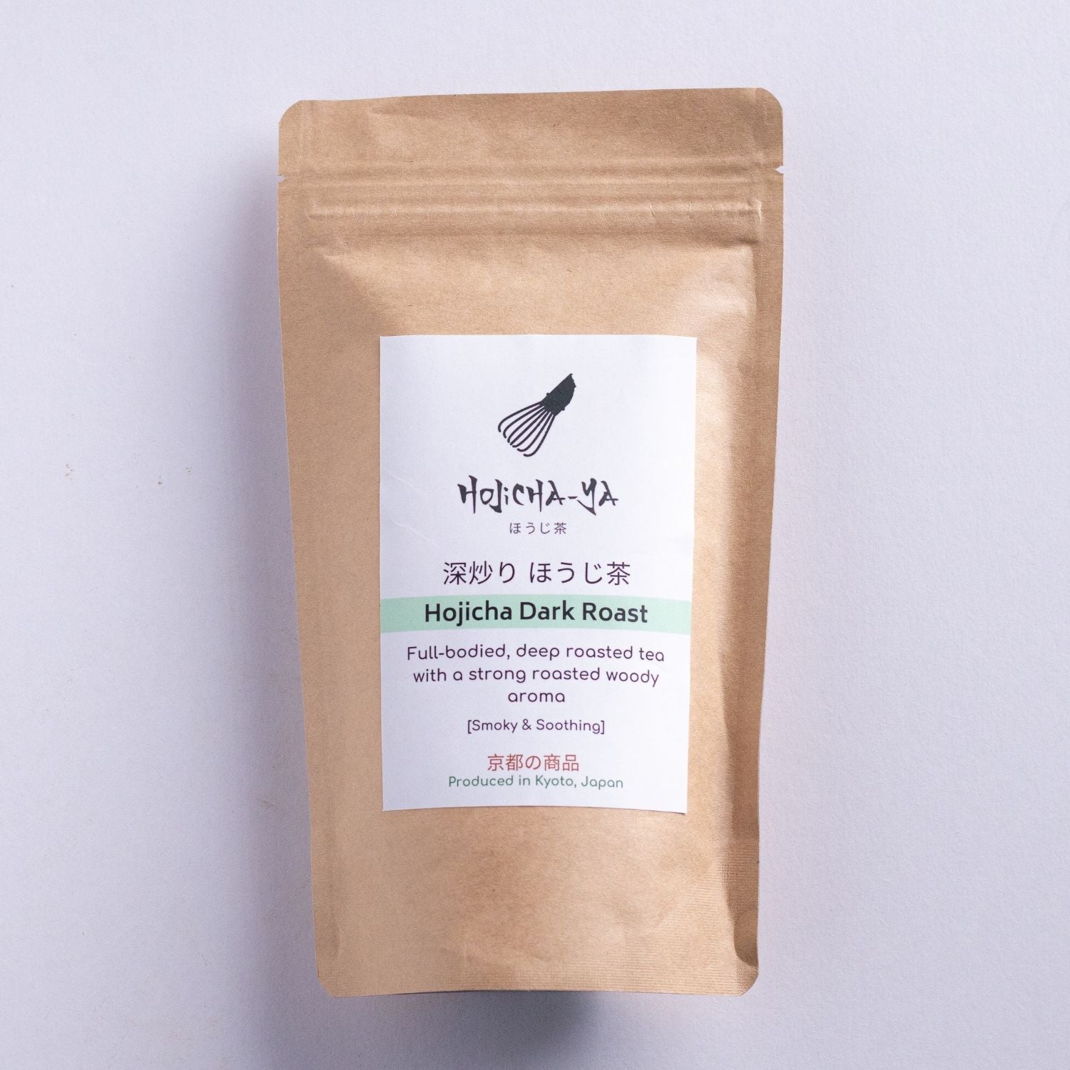 A resealable pouch of Hojicha Dark Roast loose leaf tea, perfect for tea lovers in Malaysia seeking rich, toasty flavors