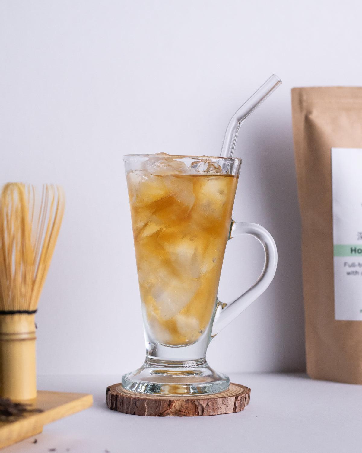 Refreshing iced Hojicha with smooth and naturally sweet roasted green tea, served cold for a perfect summer drink