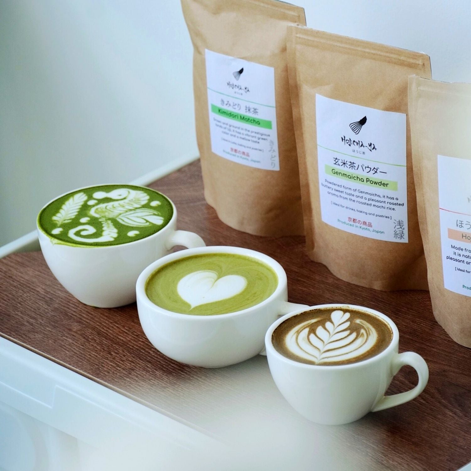 Tea Powder Trio Bundle display of Hojicha, Genmaicha and Matcha Japanese green tea powders together in Malaysia