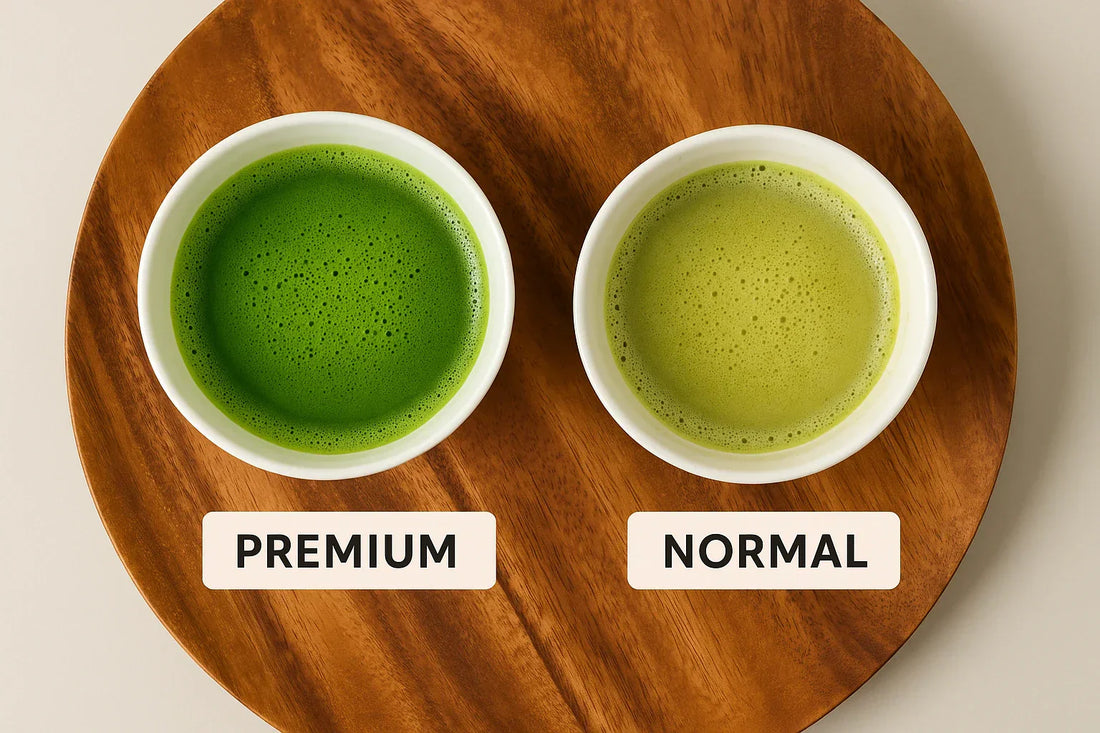 Overhead view comparing a bright premium matcha bowl with a dull normal matcha bowl on a wooden tray.