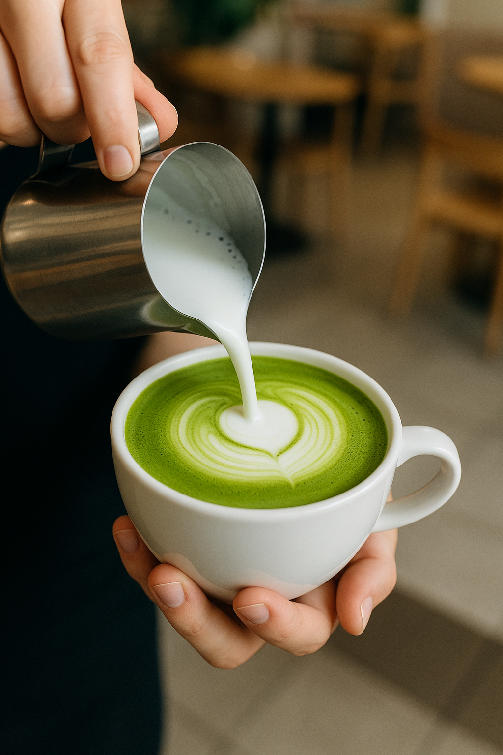 Barista pouring steamed milk into a creamy vibrant green matcha latte in a café.