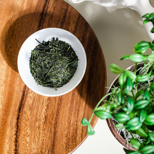 Premium Japanese Sencha green tea of fresh loose leaf tea with vibrant green color