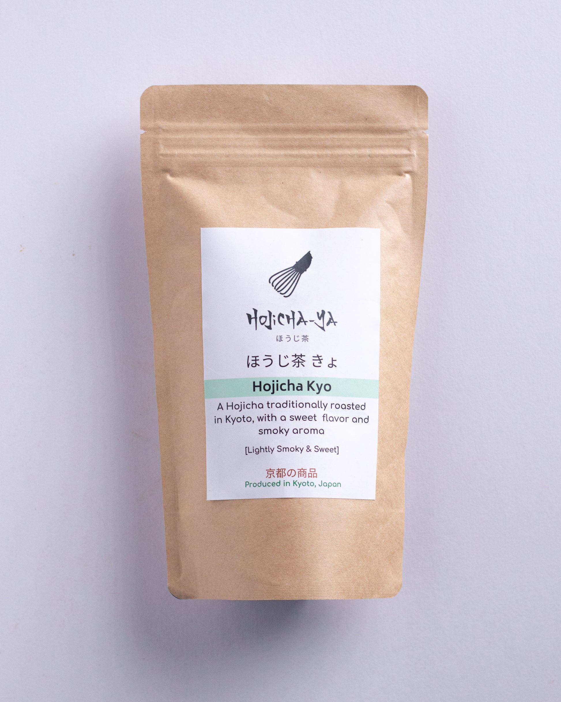 Authentic Hojicha tea packaging of premium Japanese roasted green tea with a deep, nutty aroma